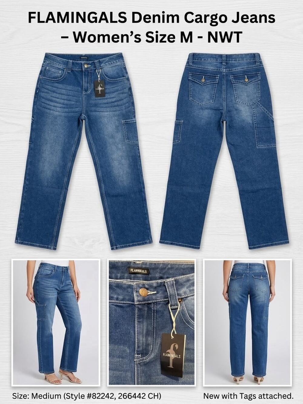 Flamingals Womens Straight Leg Cargo Jeans Medium NWT Blue Denim Multi Pocket